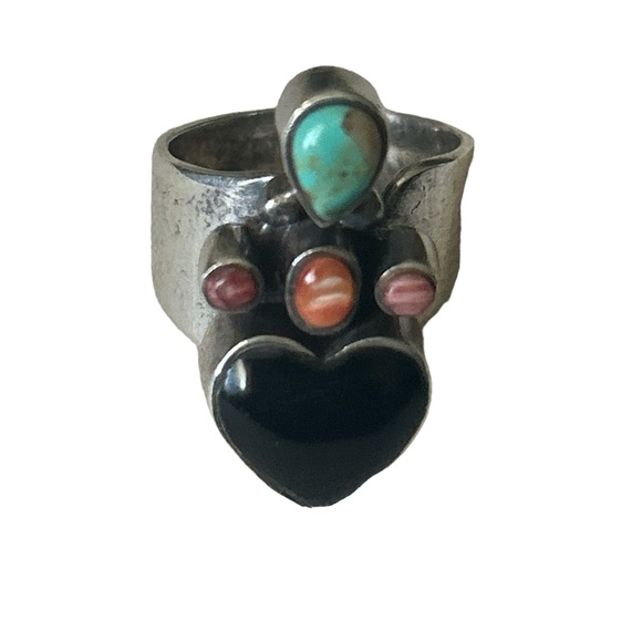 Jewelry - Sterling Silver Open Shank Turquoise, Rhodochrosite, and Onyx Fashion Ring